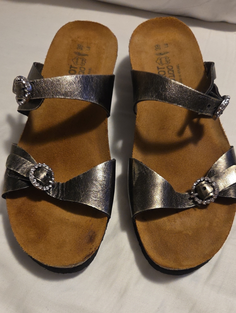 Naot Metallic Silver Double-Buckle Slide Sandals